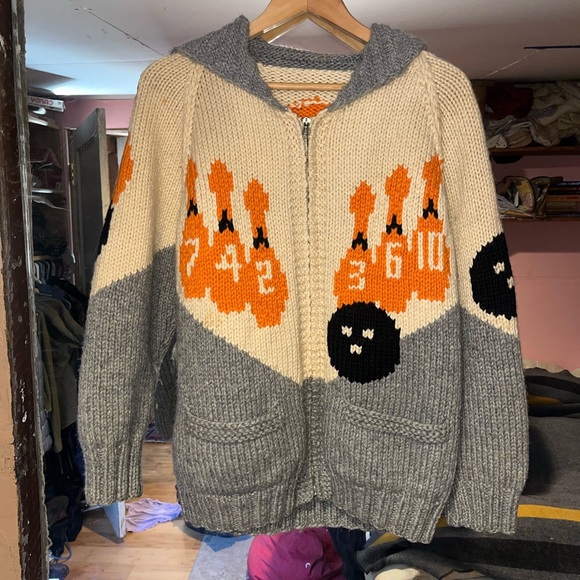 Vintage 1950 cowichan wool sweater bowling theme - Picture 2 of 9